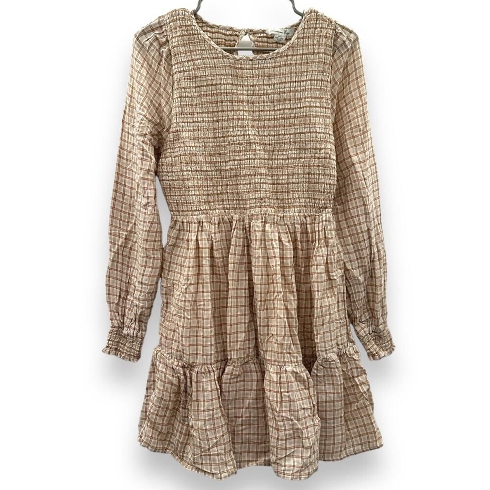 American Eagle Cream & Tan Check Long Sleeve Smocked Tiered Mini Dress Sz S NEW